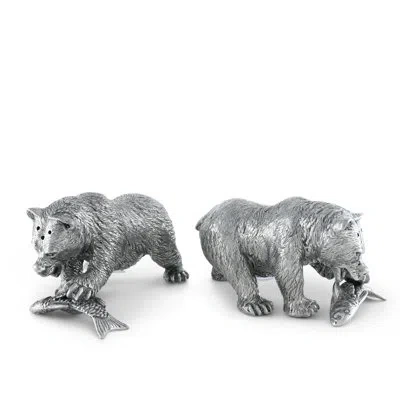 Vagabond House Woodland Creatures Pewter Fishing Bear Salt And Pepper Shaker Set In Silver