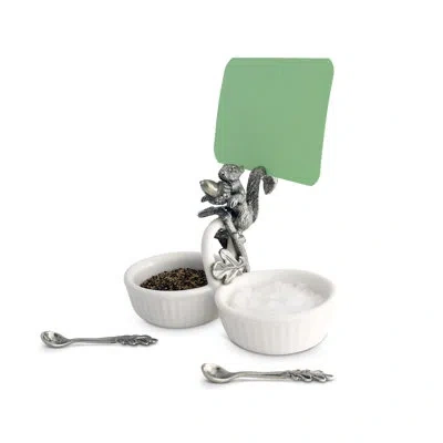 Vagabond House Woodland Creatures Squirrel Double Salt Cellar With Leaf Spoons In White;silver