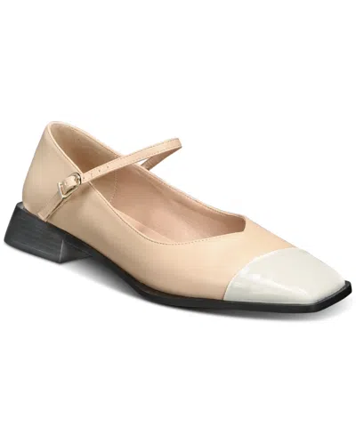 Vaila Shoes Women's Penelope Square-toe Mary Jane Block-heel Flats In Nude Leather,patent Leather