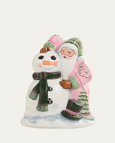 Vaillancourt Folk Art Santa Building Snowman In Multi