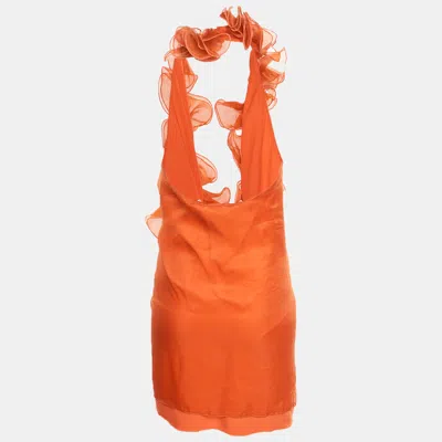Pre-owned Vaillant Valliant Orange Organza Ruffle Neck Top M