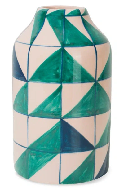 Vaisselle Geometric Print Ceramic Vase In Sand/ Teal