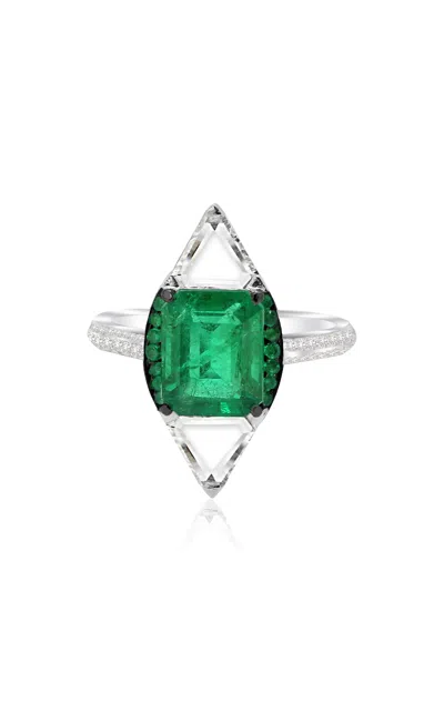 Vak 18k White Gold Arch Of Heaven Diamond And Emerald Ring In Green
