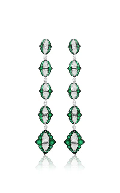 Vak 18k White Gold Architectural Splendor Diamond And Emerald Earrings In Green
