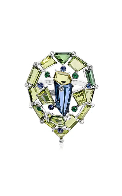 Vak 18k White Gold Shattered Ring With Blue And Green Sapphires