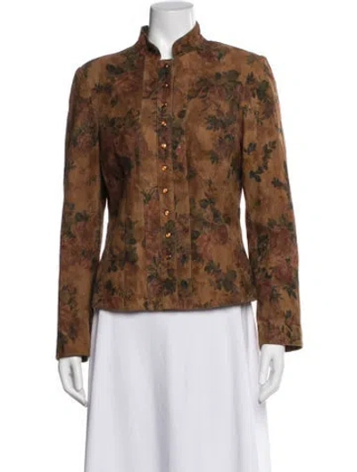 Pre-owned Vakko Leather Floral Print Evening Jacket In Brown