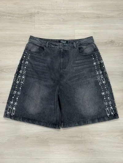 Pre-owned Vale Crystal Rhinestone Denim Shorts In Black