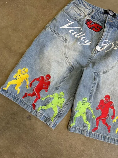 Pre-owned Vale Denim Shorts Jorts Size 32 Football Embroidered In Blue