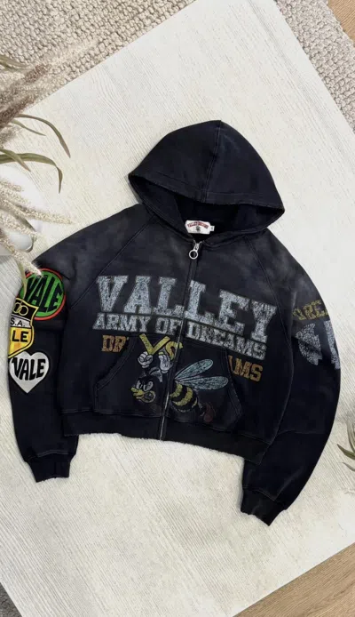 Pre-owned Vale Forever Black Army Patches Zip Up Hoodie Valley Dreams