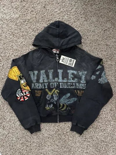 Pre-owned Vale Forever Black Army Patches Zip Up Hoodie Valley Dreams