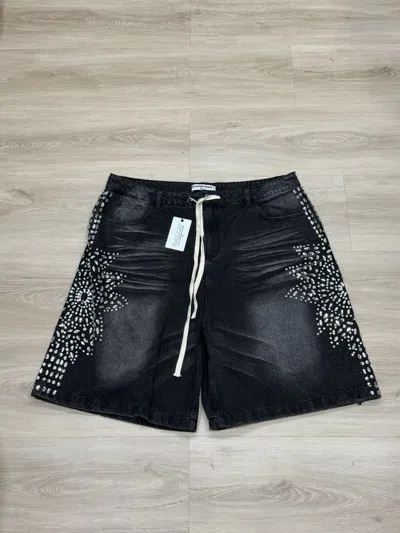 Pre-owned Vale Forever Siren Rhinestone Crystal Denim Shorts In Black