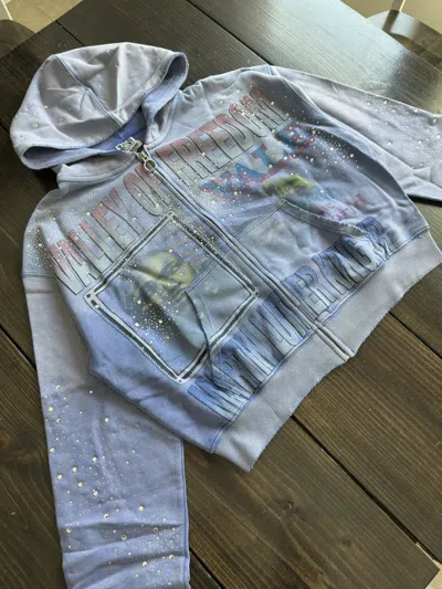 Pre-owned Vale Freedom Crystal Rhinestone Zip Up Hoodie Blue