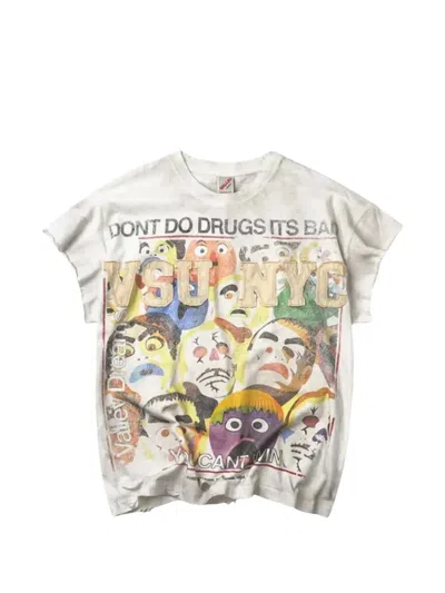 Vale Graphic-print Cropped-sleeves Distressed T-shirt In Gray