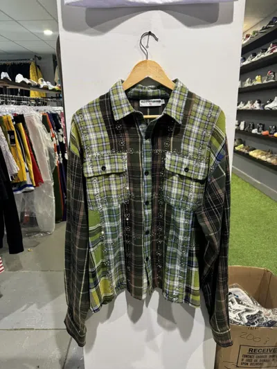 Pre-owned Vale Multi Plaid Rhinestone Flannel In Green