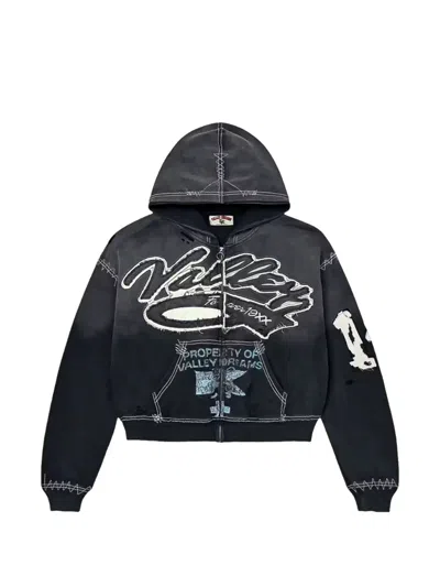 Vale Religion Logo-patch Distressed Zip-up Hoodie In Black