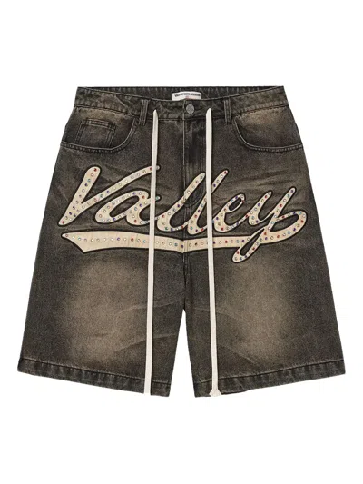 Vale Skittles Embroidered Denim Shorts In Black