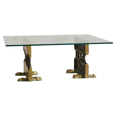 Pre-owned Valenti Cast Bronze Base Coffee Table With Glass Top Attributed To , 1970s In Gold