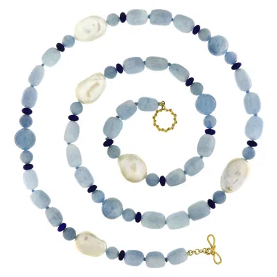 Pre-owned Valentin Magro 18k Yellow Gold Aquamarine Fresh Water Pearl Lapis Lazuli Bead Necklace