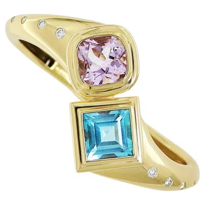 Pre-owned Valentin Magro 18k Yellow Gold Blue Topaz And Kunzite Bangle Bracelet With Diamond Accents
