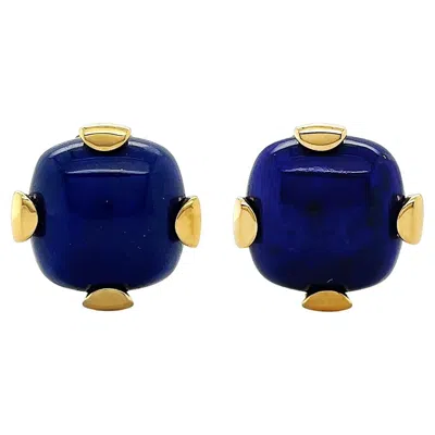 Pre-owned Valentin Magro 18k Yellow Gold Cushion Cabochon Lapis Lazuli Clip-on Earrings