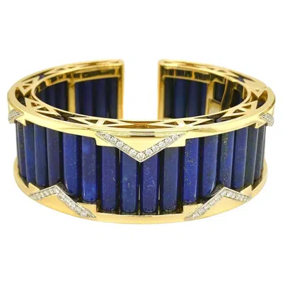 Pre-owned Valentin Magro 18k Yellow Gold Deco Lapis Lazuli Diamond Cuff Bracelet