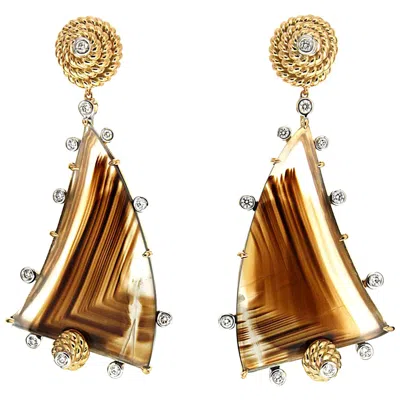 Pre-owned Valentin Magro 18k Yellow Gold Diamond Montana Agate Drop Earrings