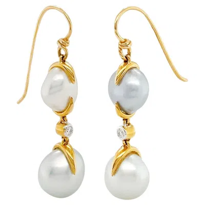 Pre-owned Valentin Magro 18k Yellow Gold Double White Keshi Pearl Diamond Wire Earrings