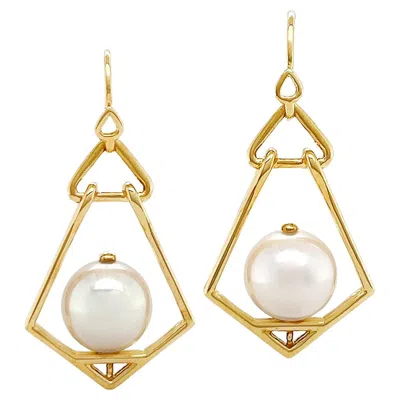 Pre-owned Valentin Magro 18k Yellow Gold Geometric Lantern Round Pearl Earrings