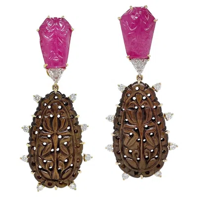 Pre-owned Valentin Magro 18k Yellow Gold Hand Carved Ruby And Brown Sapphire Earrings