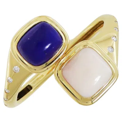Pre-owned Valentin Magro 18k Yellow Gold Lapis And White Coral Bangle Bracelet With Diamond Accents