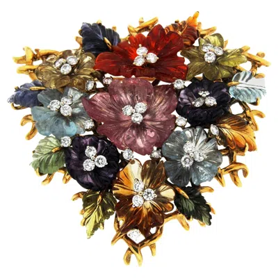 Pre-owned Valentin Magro 18k Yellow Gold Multicolor Gemstone Diamond Flower And Gold Trellis Brooch