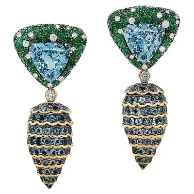 Pre-owned Valentin Magro 18k Yellow Gold Platinum Aquamarine, Emerald, And Diamond Pine Cone Earrings