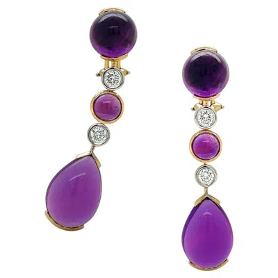 Pre-owned Valentin Magro 18k Yellow Gold Round Cabochon Amethyst And Diamond Drop Earrings