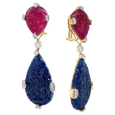 Pre-owned Valentin Magro 18k Yellow Gold Ruby And Sapphire Diamond Drop Earrings