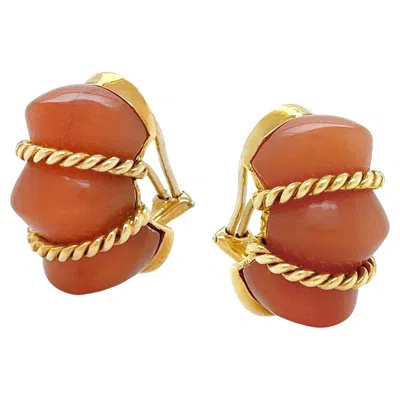 Pre-owned Valentin Magro 18k Yellow Gold Salmon Pink Aventurine Shrimp Earrings