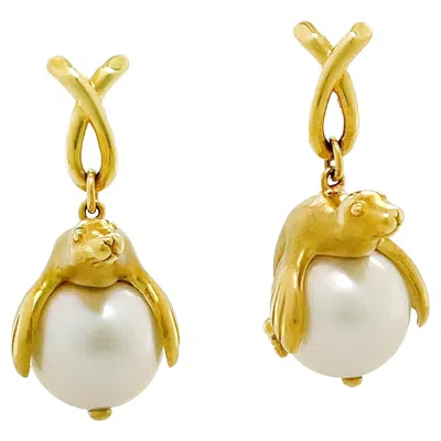 Pre-owned Valentin Magro 18k Yellow Gold Sea Lion Sitting On South Sea Pearl Earrings