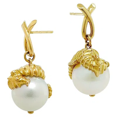 Pre-owned Valentin Magro 18k Yellow Gold Seahorse And South Sea Pearl Earrings