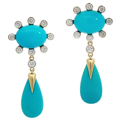 Pre-owned Valentin Magro 18k Yellow Gold Sleeping Beauty Turquoise And Diamond Drop Earrings