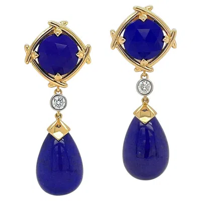 Pre-owned Valentin Magro 18k Yellow Gold Special Cut Lapis And Diamond Drop Earrings
