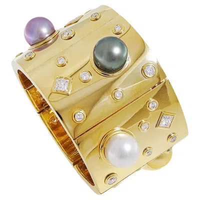Pre-owned Valentin Magro 18k Yellow Gold Tahitian And South Sea Pearl Panel Bracelet With Diamond Accents