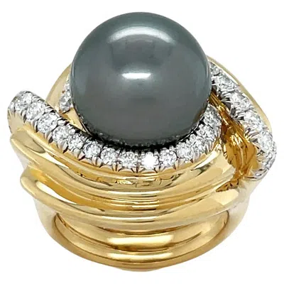 Pre-owned Valentin Magro 18k Yellow Gold Tahitian Pearl Glamour Swirl Ring With Diamond Accents