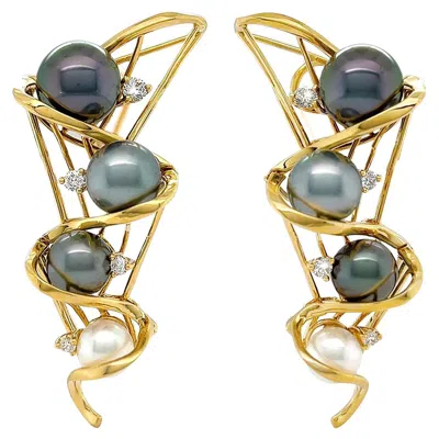 Pre-owned Valentin Magro 18k Yellow Gold Woven Multicolor Pearl Drape Earrings With Diamond Accents