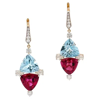 Pre-owned Valentin Magro Aquamarine, Rubellite And Diamond 18k Yellow Gold Lever Back Drop Earrings