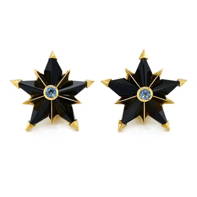 Pre-owned Valentin Magro Black Jade Star Aquamarine 18k Yellow Gold Earrings