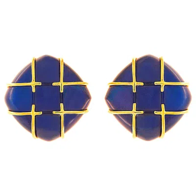 Pre-owned Valentin Magro Cabochon Blue Agate Tic Tac Toe 18k Yellow Gold Clip-on Earrings