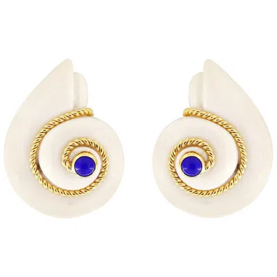 Pre-owned Valentin Magro Cacholong Lapis Smooth Snail 18k Yellow Gold Earrings