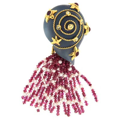 Pre-owned Valentin Magro Chalcedony Pearl Ruby Diamond 18k Yellow Gold Snail Brooch