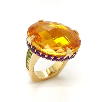Pre-owned Valentin Magro Checkerboard Citrine, Amethyst, And Peridot 18k Yellow Gold Ring