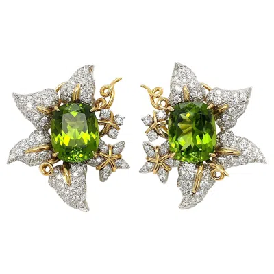 Pre-owned Valentin Magro Cushion Peridot And Diamond Leaf Earrings In 18k Yellow Gold
