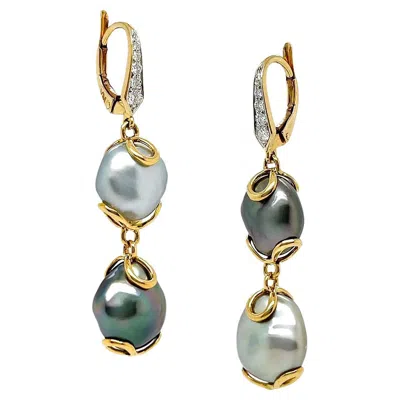 Pre-owned Valentin Magro Grey And Tahitian Double Keshi Diamond 18k Yellow Gold Lever-back Earrings